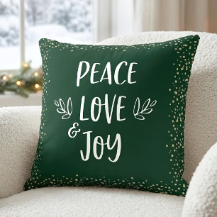 Green Gold Foil Dots Peace Love Joy Script Modern Cushion