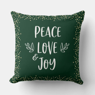 Green Gold Foil Dots Peace Love Joy Script Modern  Cushion