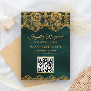 Green Gold Foil Lace QR Code RSVP Wedding Website Enclosure Card