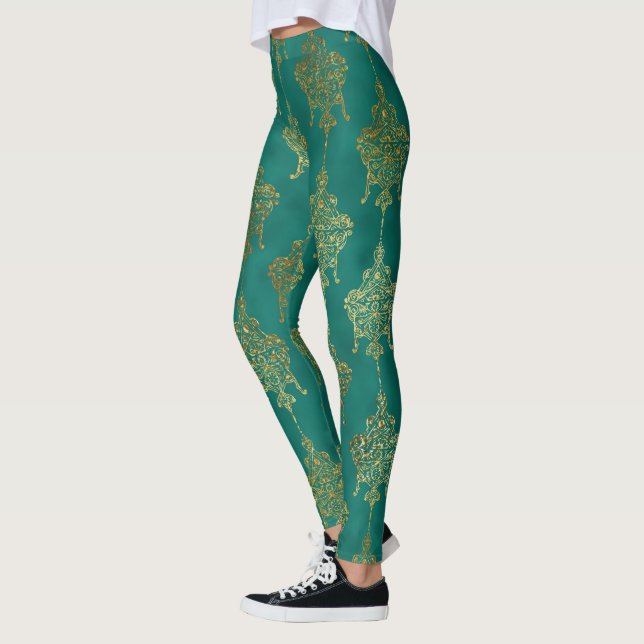 Green & Gold Foil Leggings - Metallic Chic Style (Left)