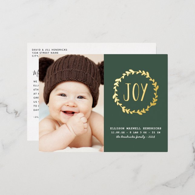 Green & Gold Foil Modern First Christmas Foil Holiday Postcard (Front/Back)
