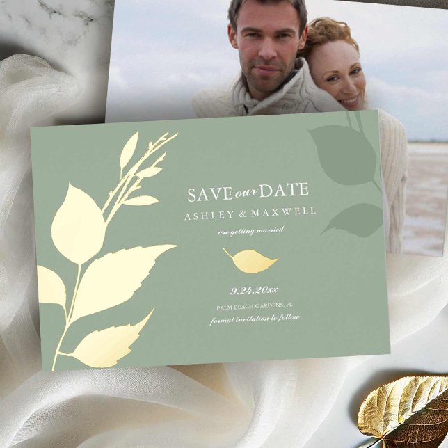 Green Gold Foil Photo Save the Date Invitations (Save the date sage green and gold foil with couples photo by Victoria Grigaliunas Do Tell A Belle)