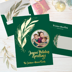 Green Gold Foil Watercolor Leaf Photo Christmas  Holiday Card