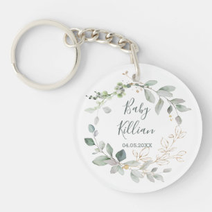 Green & Gold Foliage Baby Announcement Keychain