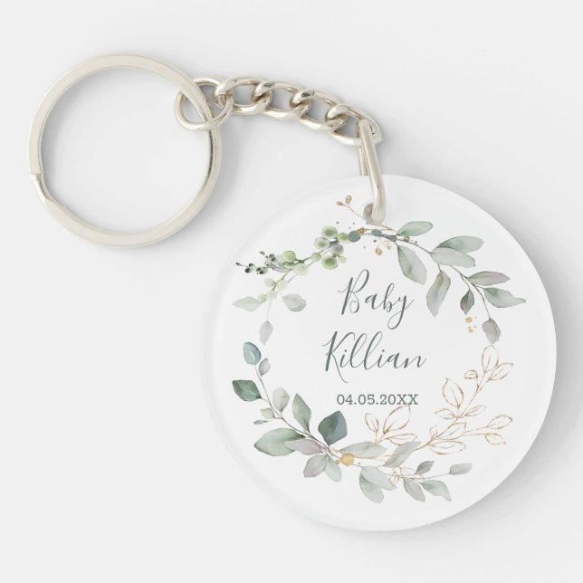 Green & Gold Foliage Baby Announcement Keychain (Front)