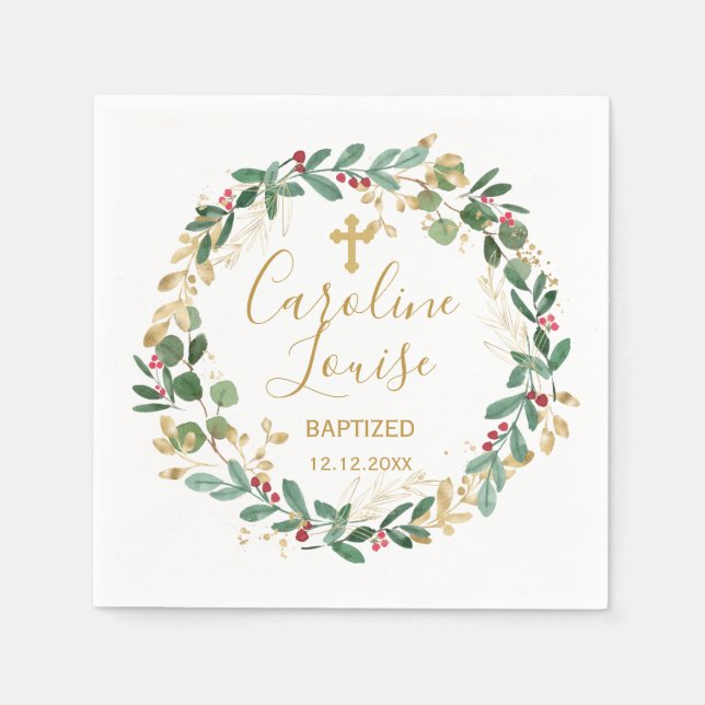 Green Gold Foliage Baby Baptism Napkin (Front)