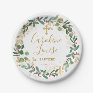 Green Gold Foliage Baby Baptism Paper Plate