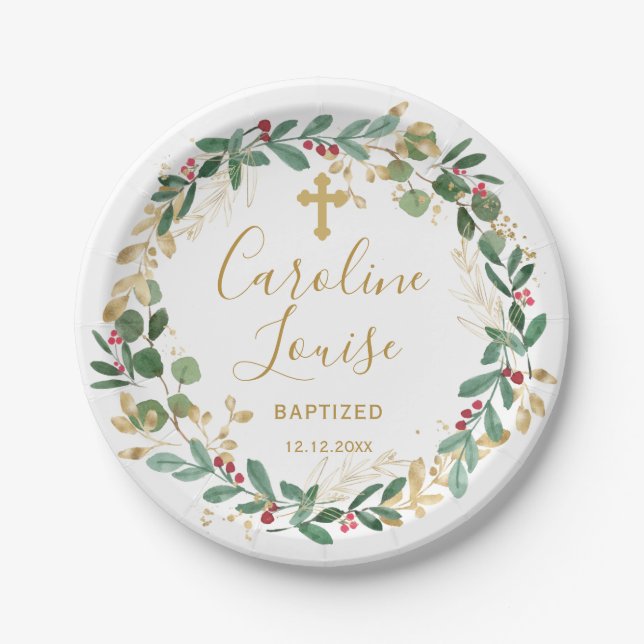 Green Gold Foliage Baby Baptism Paper Plate (Front)