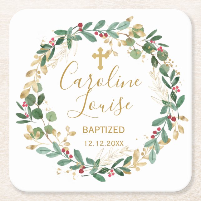 Green Gold Foliage Baby Baptism Square Paper Coaster (Front)