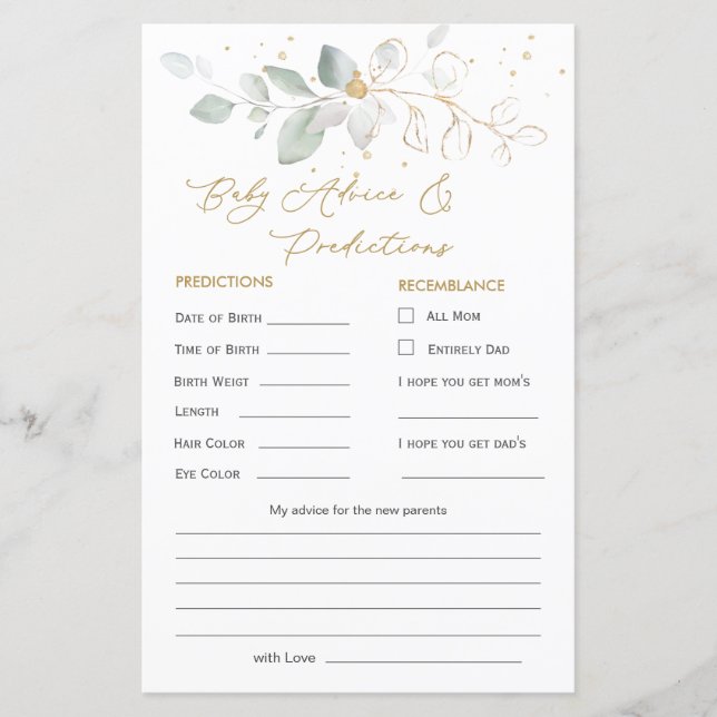 Green & Gold Foliage Baby Prediction & Advice card (Front)