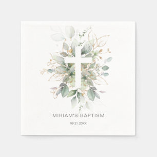 Green Gold Foliage Cross Baptism Paper Napkin