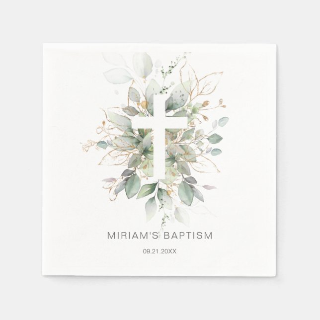 Green Gold Foliage Cross Baptism Paper Napkin (Front)