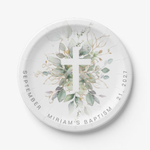Green Gold Foliage Cross Baptism Paper Plate
