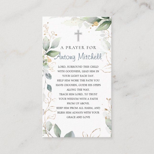 Green Gold Foliage Cross Baptism Prayer Business Card (Front)