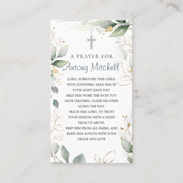 Green Gold Foliage Cross Baptism Prayer Calling Card (Front)