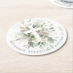 Green Gold Foliage Cross Baptism Round Paper Coaster