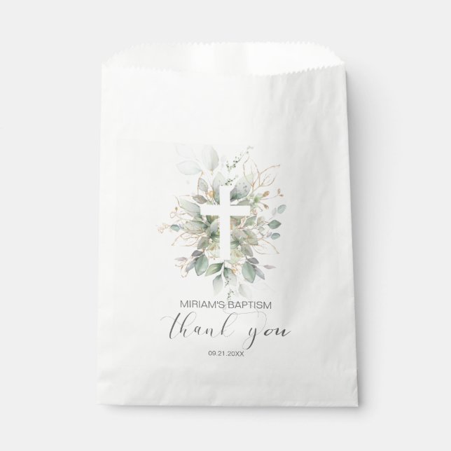 Green Gold Foliage Cross Baptism  Thank You Favour Bags (Front)