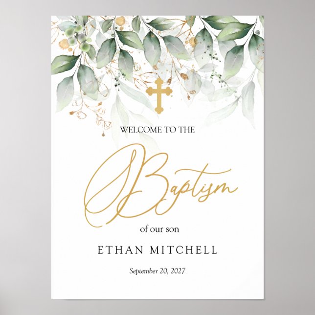 Green Gold Foliage Cross Welcome Baptism sign (Front)