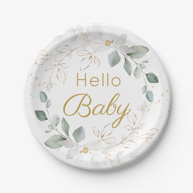 Green Gold Foliage Gender Neutral Baby Shower  Pap Paper Plate (Front)