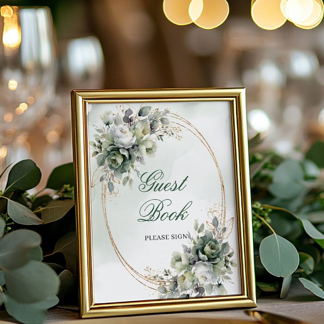 Green Gold Foliage Guest Book Tabletop Sign (Green Gold Foliage Guest Book Tabletop Sign)