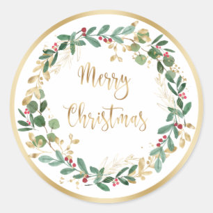 Green Gold Foliage Red Berry Christmas Classic Round Sticker