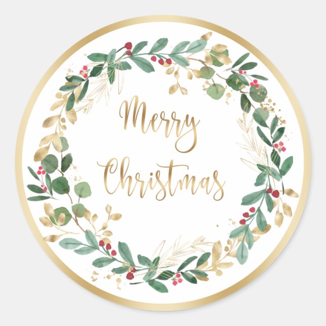 Green Gold Foliage Red Berry Christmas  Classic Round Sticker (Front)