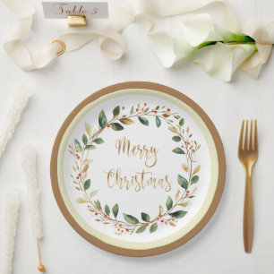 Green Gold Foliage Red Berry Christmas Paper Plate