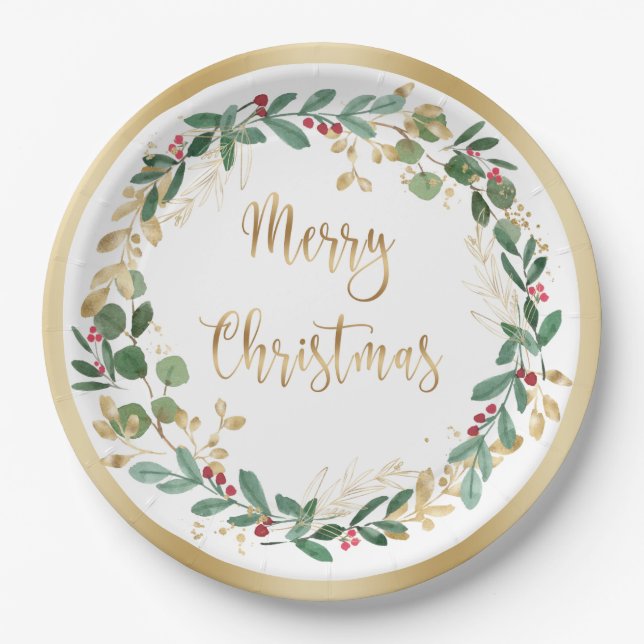 Green Gold Foliage Red Berry Christmas Paper Plate (Front)