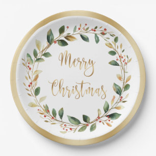 Green Gold Foliage Red Berry Christmas Paper Plate