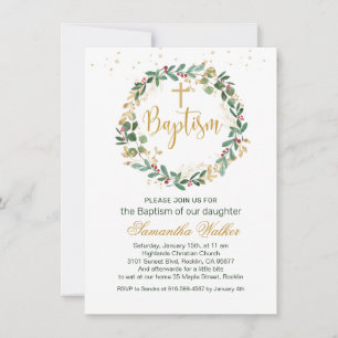 Green Gold Foliage Red Berry Cross Baptism Invitat Invitation