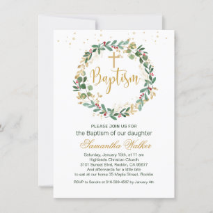 Green Gold Foliage Red Berry Cross Baptism Invitat Invitation