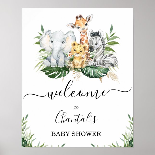 Green Gold Foliage Safari Baby Shower Welcome Sign (Front)