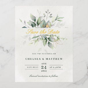 Green & Gold Foliage Save the Date Real  Foil Invitation Postcard