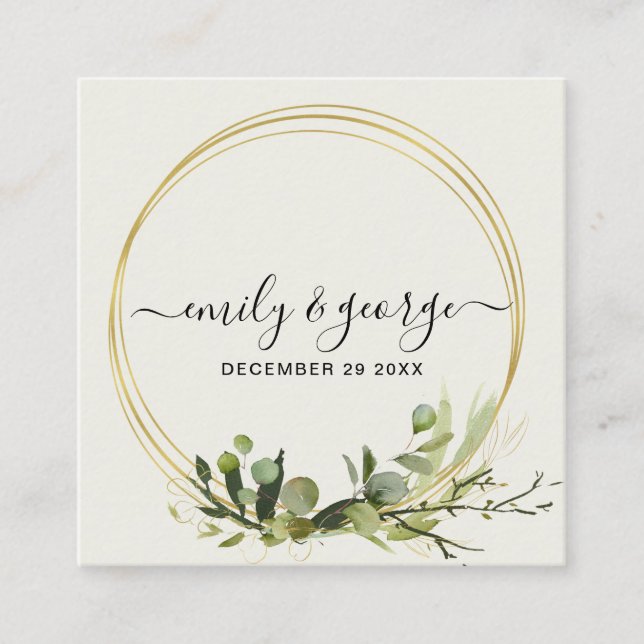 GREEN GOLD FOLIAGE WATERCOLOR WEDDING WEBSITE SQUARE BUSINESS CARD (Front)