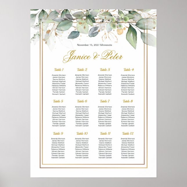 Green & Gold Foliage Wedding Seating Chart (Front)