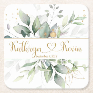 Green & Gold Foliage Wedding Square Paper Coaster