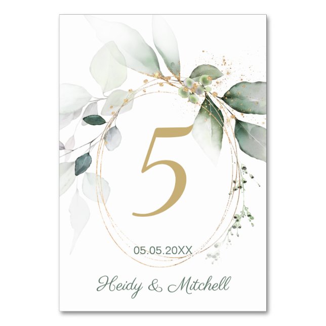 Green & gold foliage, Wedding Table Number (Front)