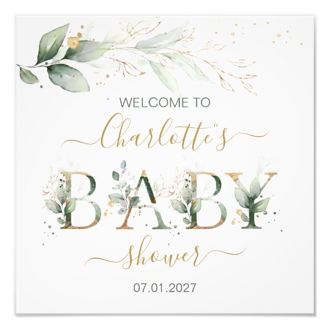 Green & gold foliage Welcome Baby shower Photo Print (Front)