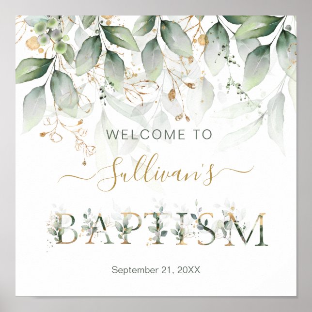 Green & gold foliage Welcome Baptism sign (Front)