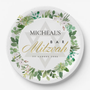 GREEN GOLD FOLIAGE WREATH STAR BAR BAT MITZVAH PAPER PLATE