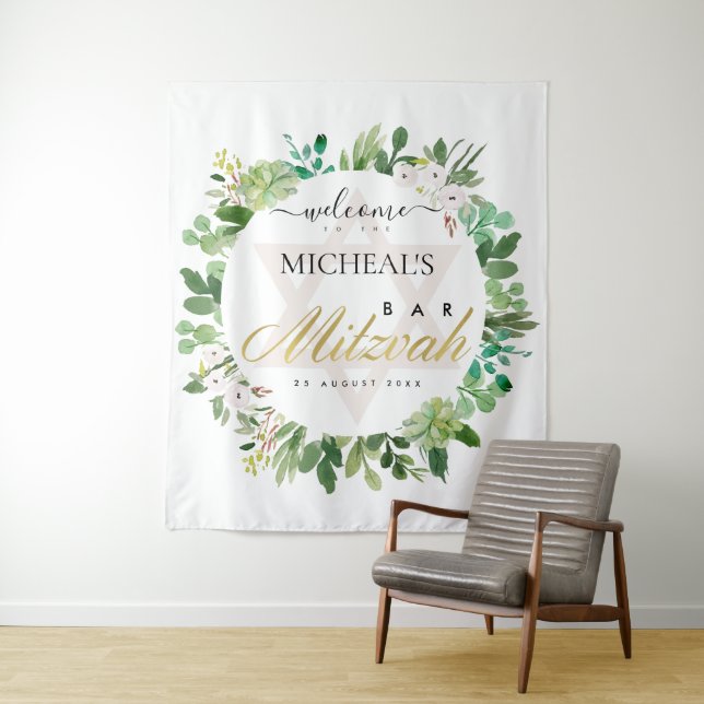 GREEN GOLD FOLIAGE WREATH STAR BAR MITZVAH WELCOME TAPESTRY (In Situ)