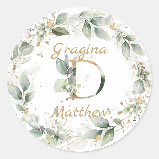 Green & gold foliage Wreath Wedding Monogram Classic Round Sticker (Front)