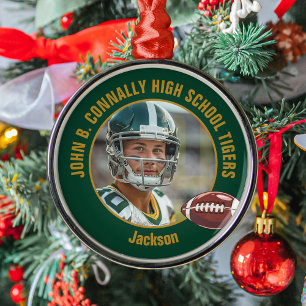 Green Gold Football Player Photo Christmas Metal Tree Decoration