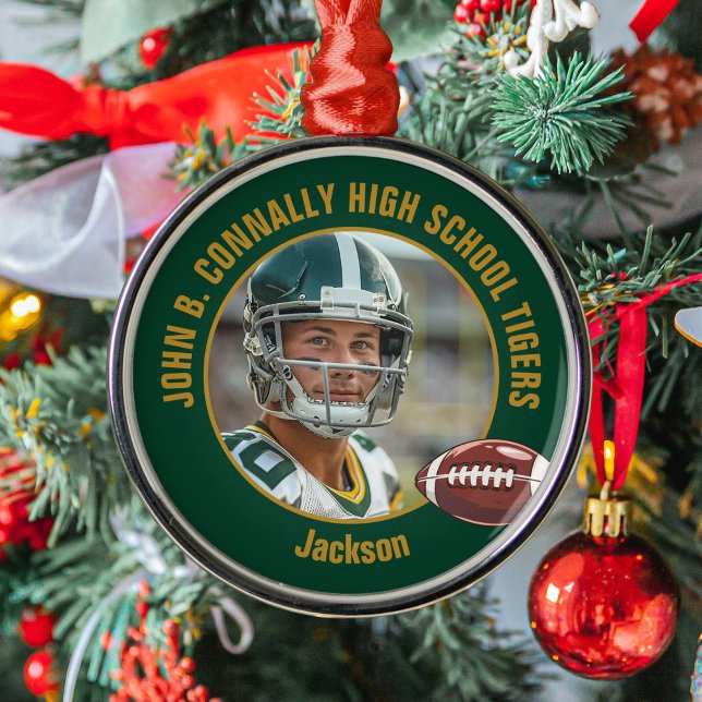 Green Gold Football Player Photo Christmas Metal Tree Decoration (Creator Uploaded)