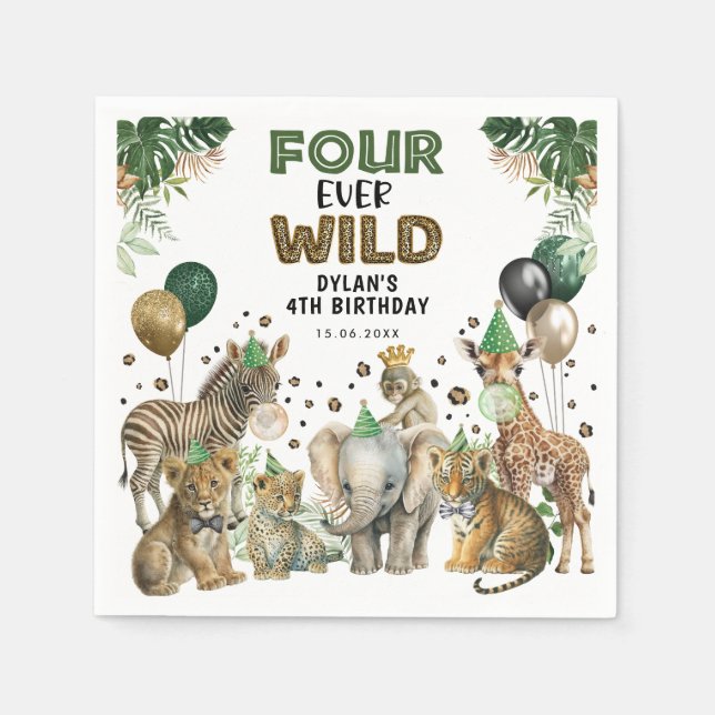 Green Gold Four Ever Wild Safari 4th Birthday Napkin (Front)