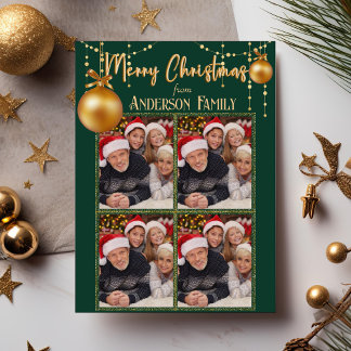 Green&Gold Four Photo Collage Elegant Christmas Holiday Card