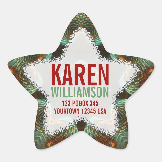 Green & Gold Fractal Art Custom Name Star Stickers (Front)