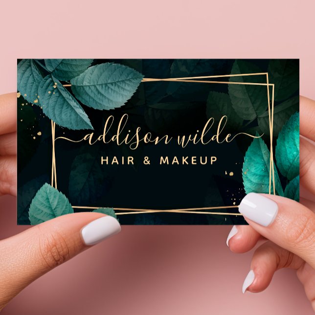 Green Gold Geometric Botanical Leaves Modern Business Card (Creator Uploaded)