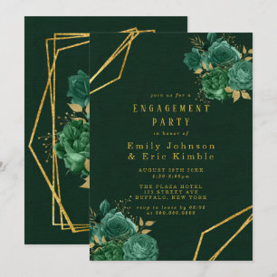 Green & Gold Geometric Floral Engagement Party Invitation