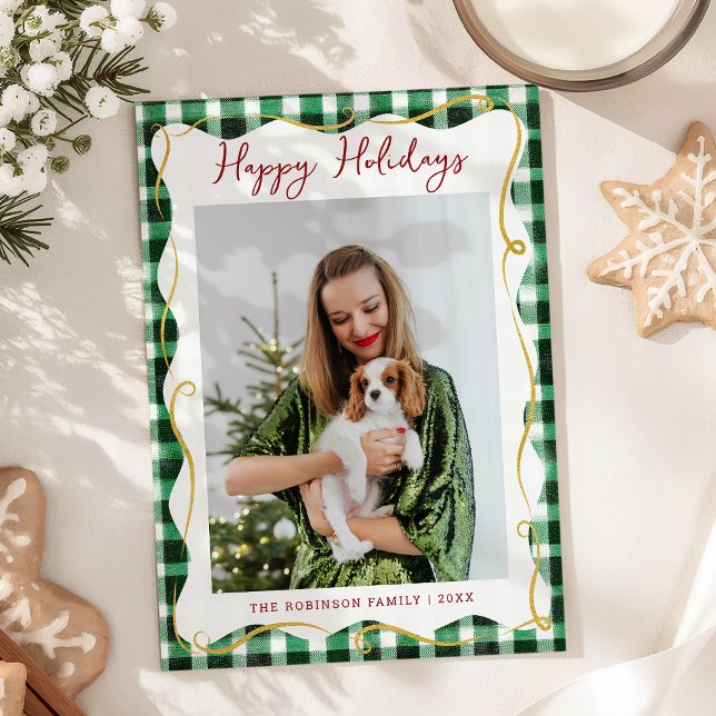 Green Gold Gingham Pattern Christmas 1 Photo Holiday Card (Creator Uploaded)